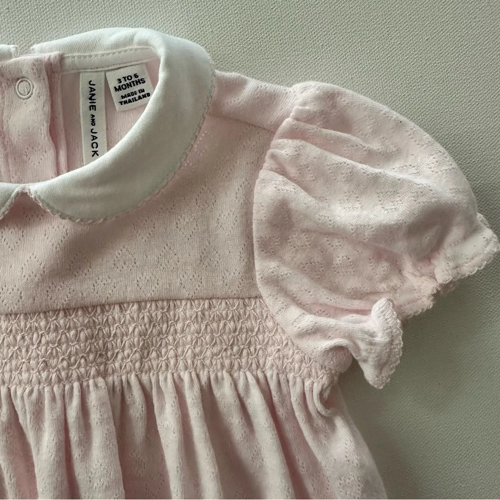 Janie and Jack 3-6 Months Baby Girl Pink Smocked Bubble Romper Peter Pan Collar